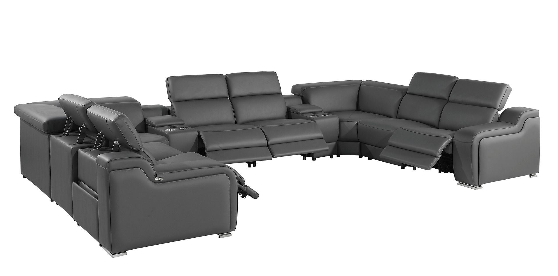 Dark Gray Italian Leather Power Reclining U Shaped Ten Piece Corner Sectional With Console-2
