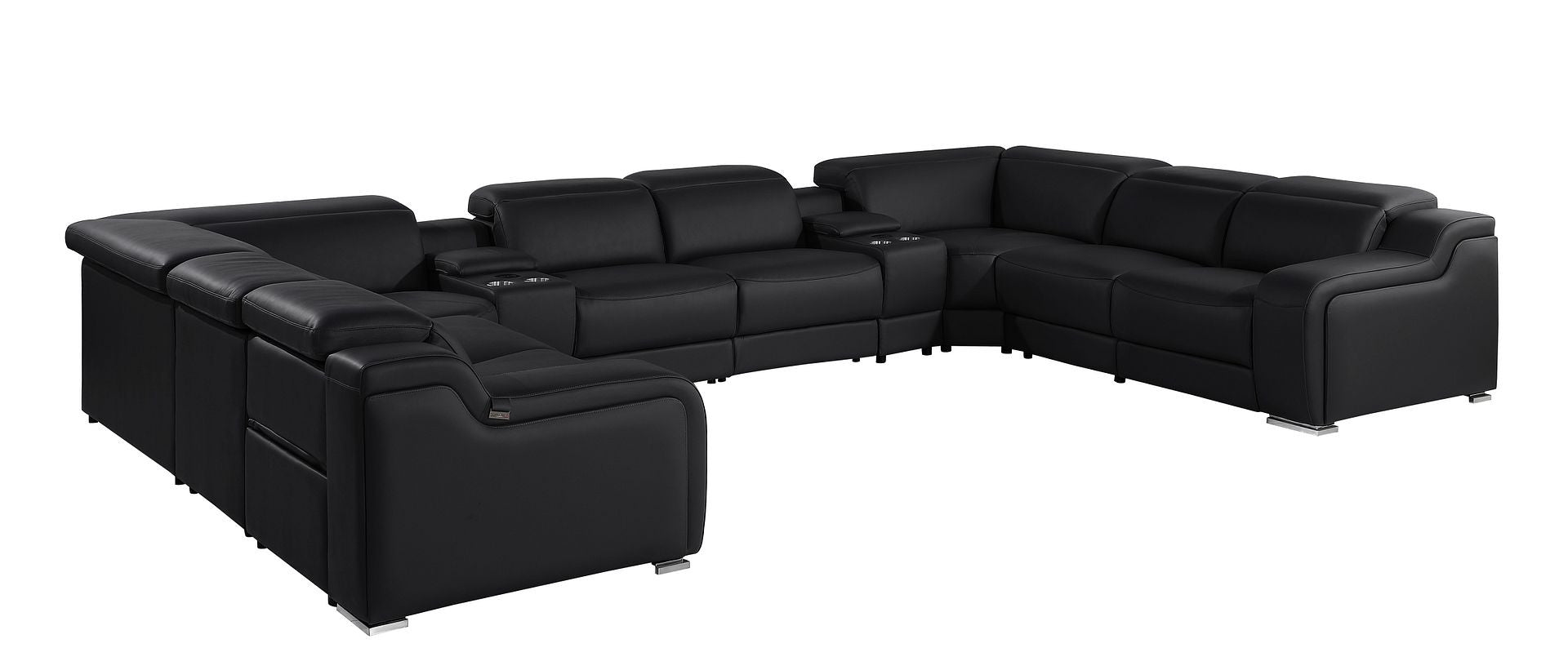 Black Italian Leather Power Reclining U Shaped Ten Piece Corner Sectional With Console-1