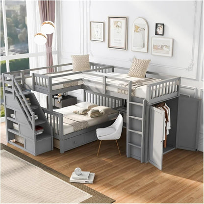 Twin-Twin over Full L-Shaped Bunk Bed with 3 Drawers,Portable Desk and Wardrobe,Practical Family Modern Style (Grey One Size)-0