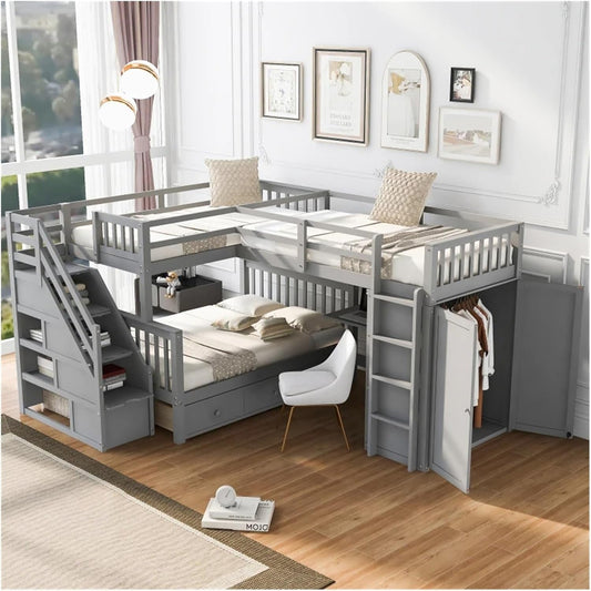 Twin-Twin over Full L-Shaped Bunk Bed with 3 Drawers,Portable Desk and Wardrobe,Practical Family Modern Style (Grey One Size)-0