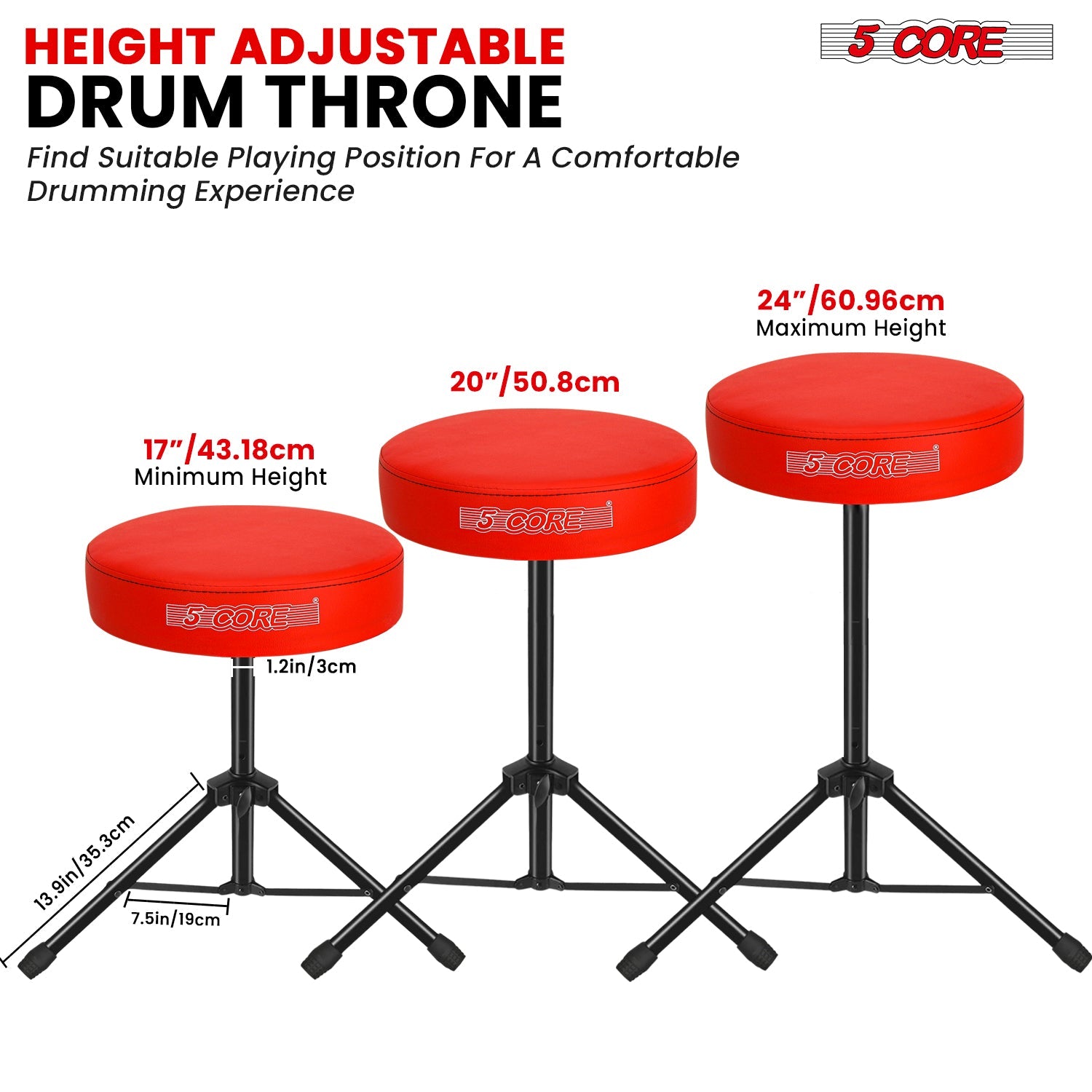 5 Core Drum Throne 3" Thick Padded Comfortable Guitar Stool Drummer Chair Adjustable Musician Seat-3