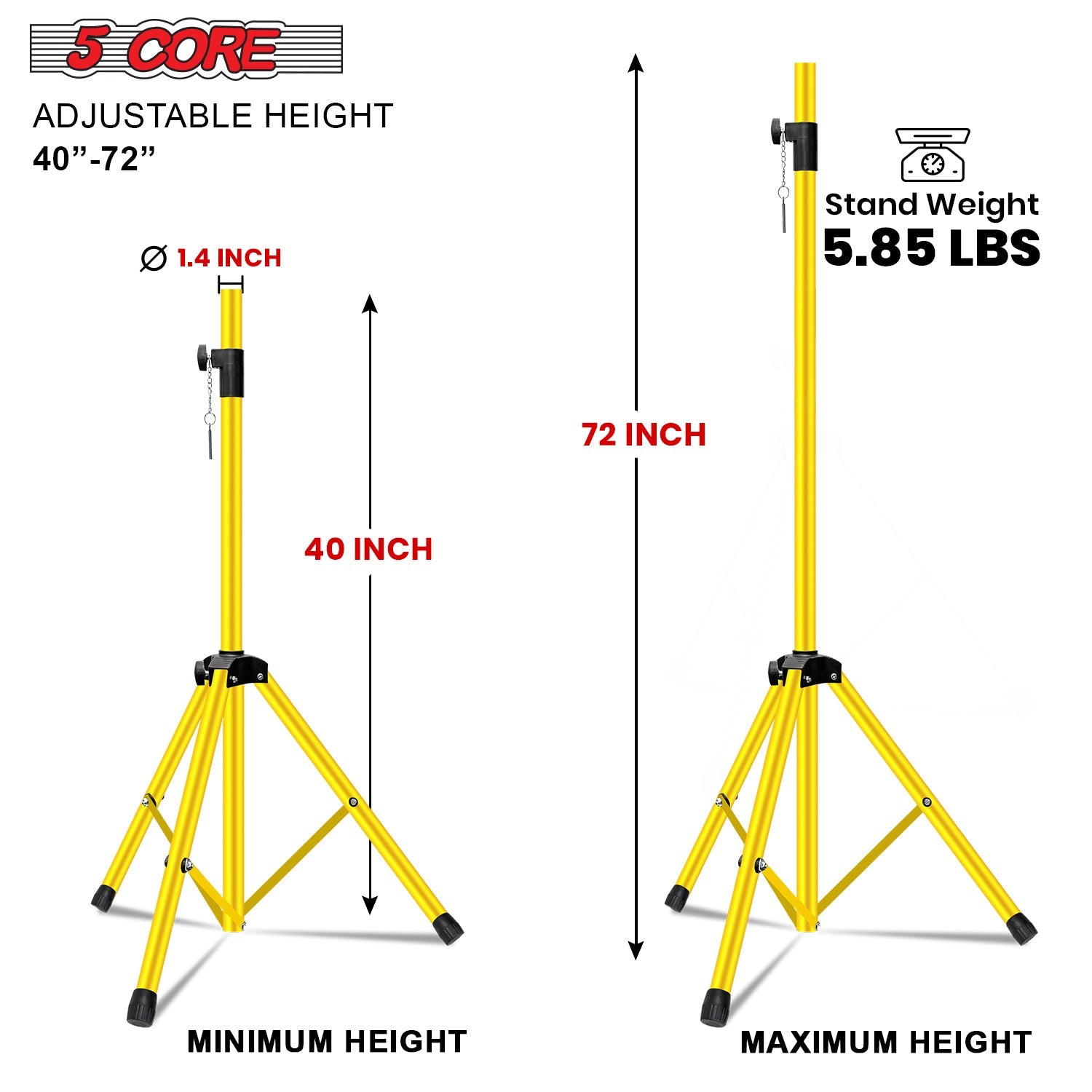 5Core Speaker Stand Tripod Tall Adjustable 72 Inch DJ Pole Mount Studio Monitor Stands Yellow 1 PK-1