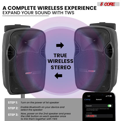 5Core 10 inch PA Portable Bluetooth Party Speaker Karaoke Boombox + 2 Wireless Mics 2 PCS-1
