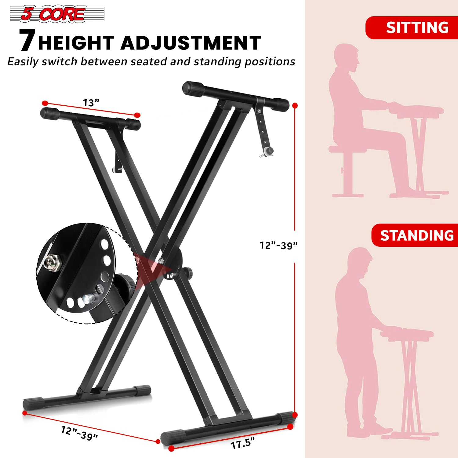 5Core Keyboard Stand Double X Style Adjustable Lift Piano Riser For 49 To 88 Keys BLACK-2