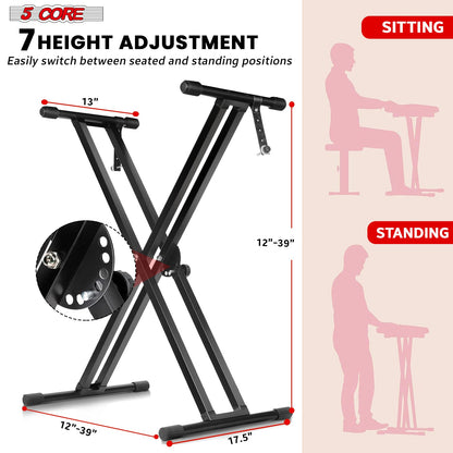 5Core Keyboard Stand Double X Style Adjustable Lift Piano Riser For 49 To 88 Keys BLACK-2