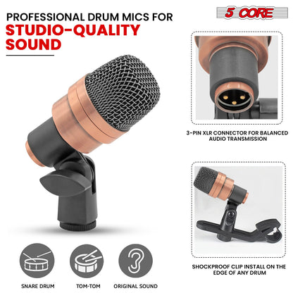 5 Core Snare Microphone XLR Wired Uni Directional Tom Drum and Other Musical Instrument Mic COPPER-4