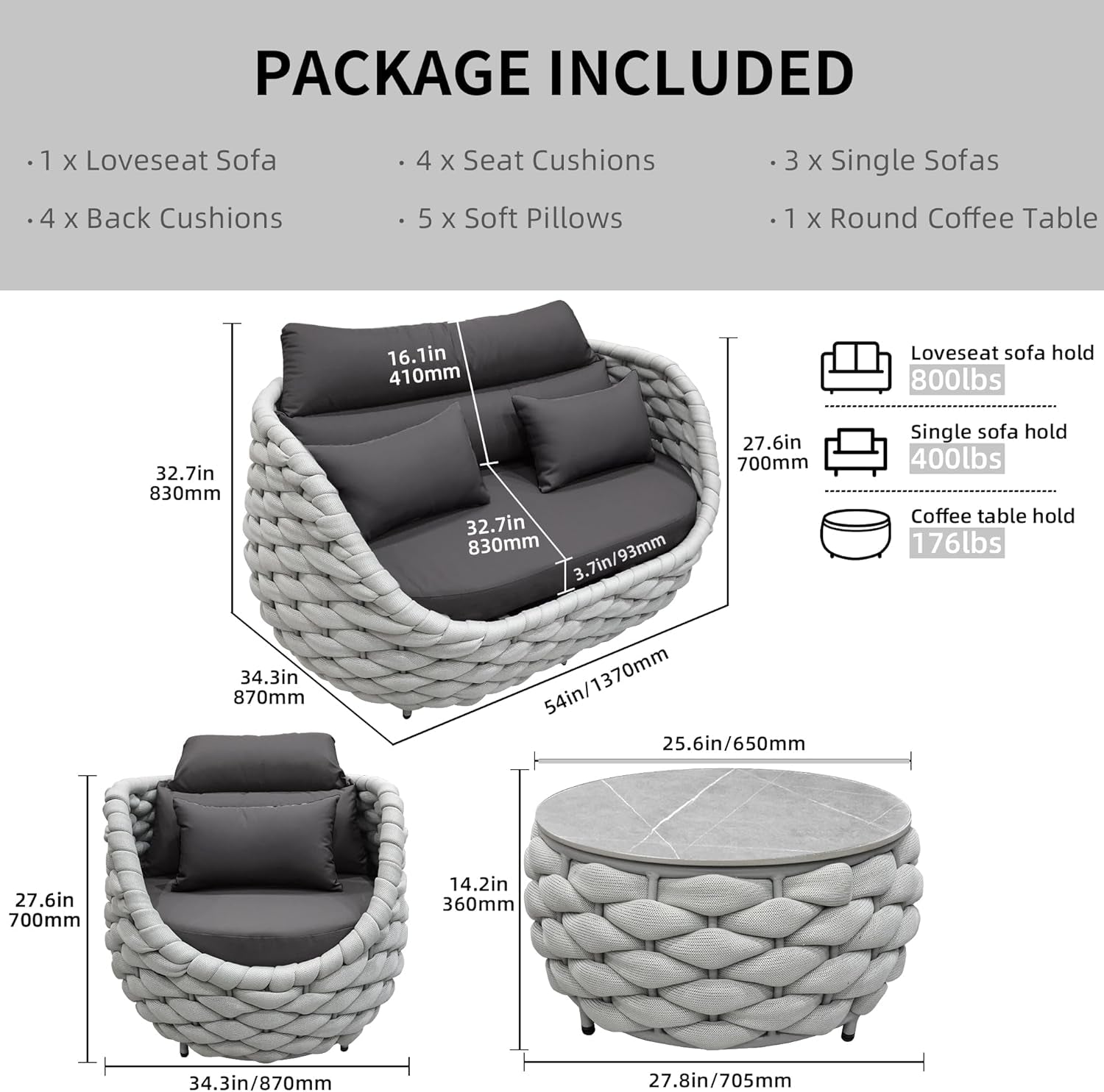 Aluminum Outdoor Patio Furniture Set with Coffee Table, 6 Piece Patio Conversation Sets with Washable Cushions Covers, Patio Sectional Furniture Set for Porch, Balcony, Deck, Yard-1