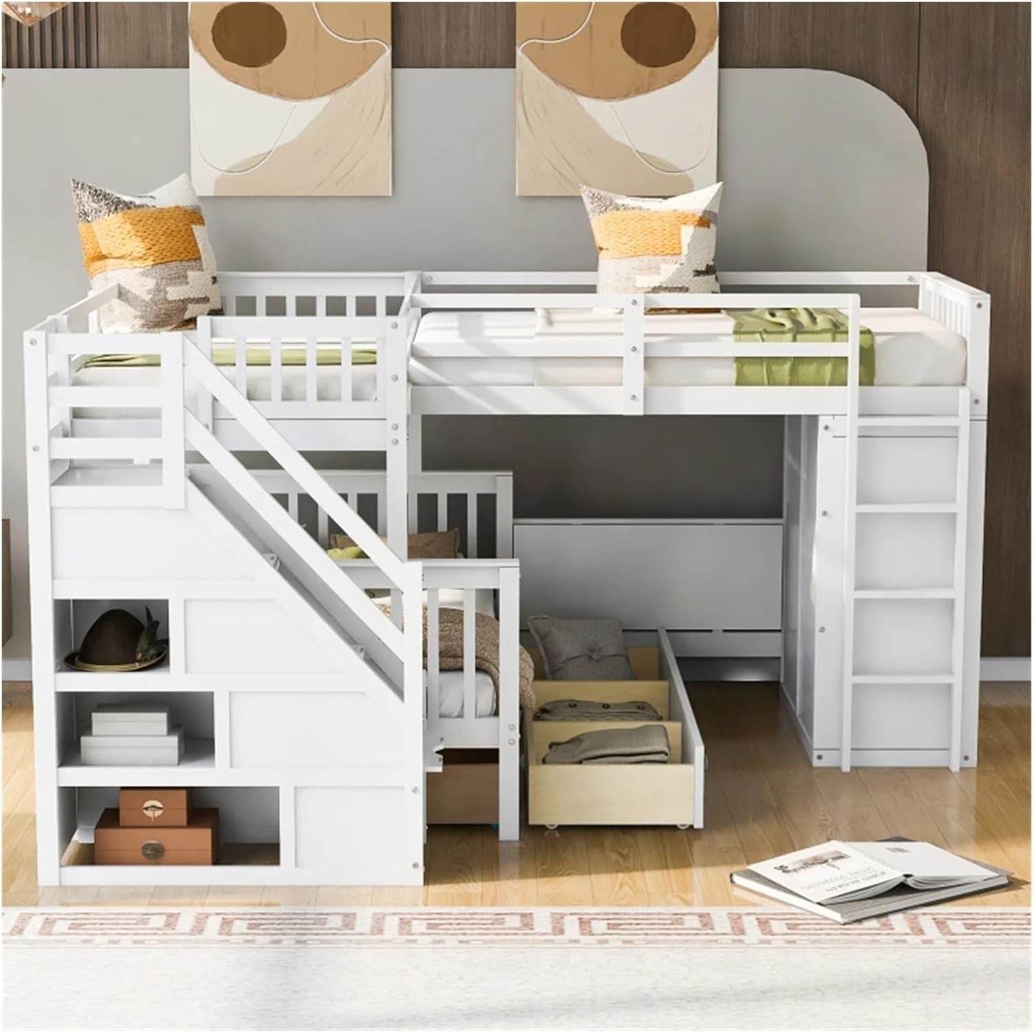 Twin-Twin over Full L-Shaped Bunk Bed with 3 Drawers,Portable Desk and Wardrobe,Practical Family Modern Style (Grey One Size)-3
