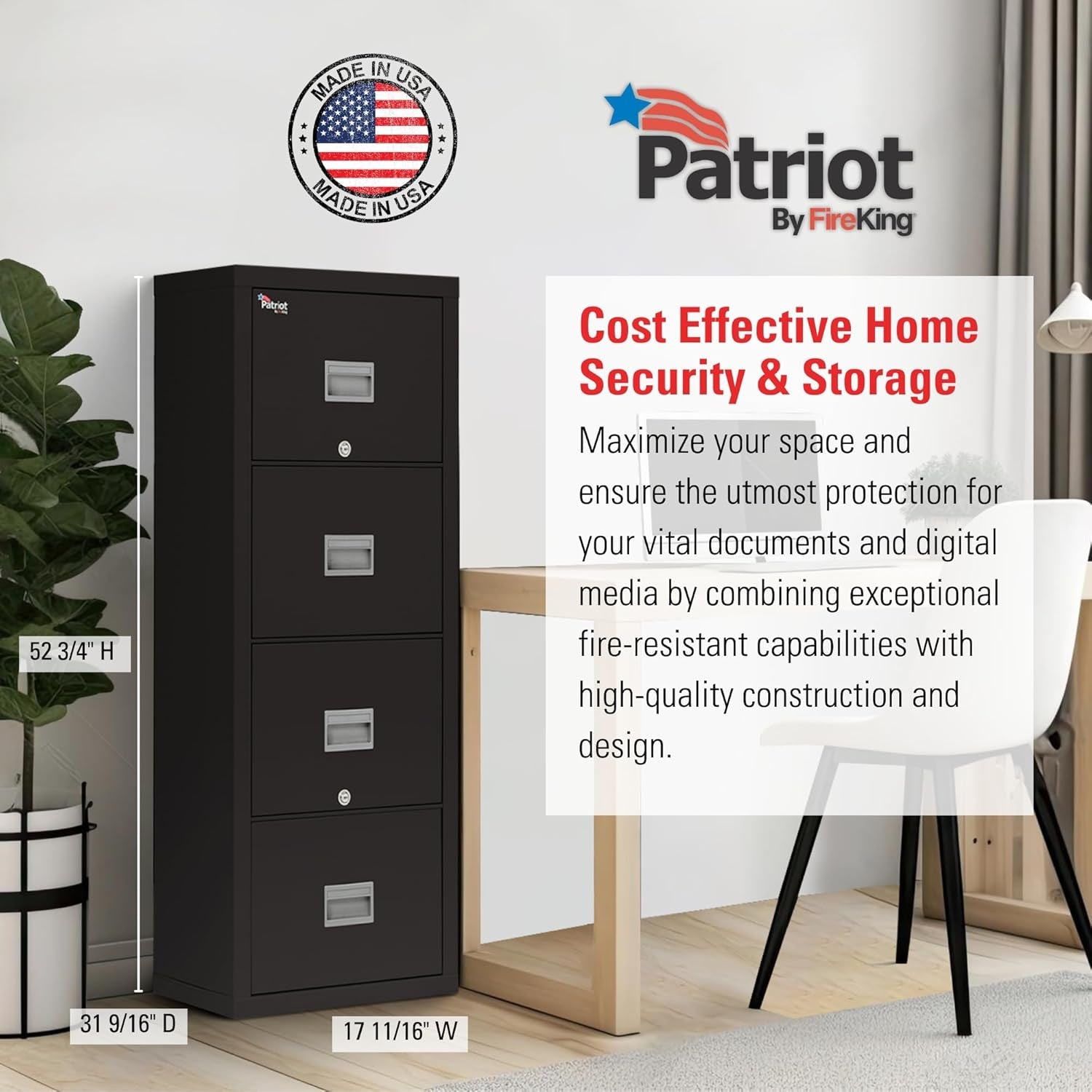Patriot Vertical 4 Drawer Legal & Letter Fire Safe File Cabinet, Key Lock, 1 Hour Fire Rated UL Rated & Water Resistant, USA Made, Black-3