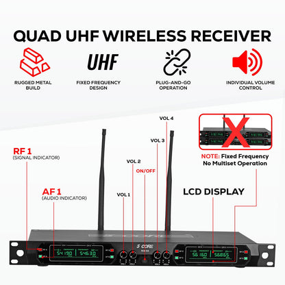 5 Core Wireless Microphone System 4 Channel UHF 492F Range Portable Receiver w Cordless Mic-1
