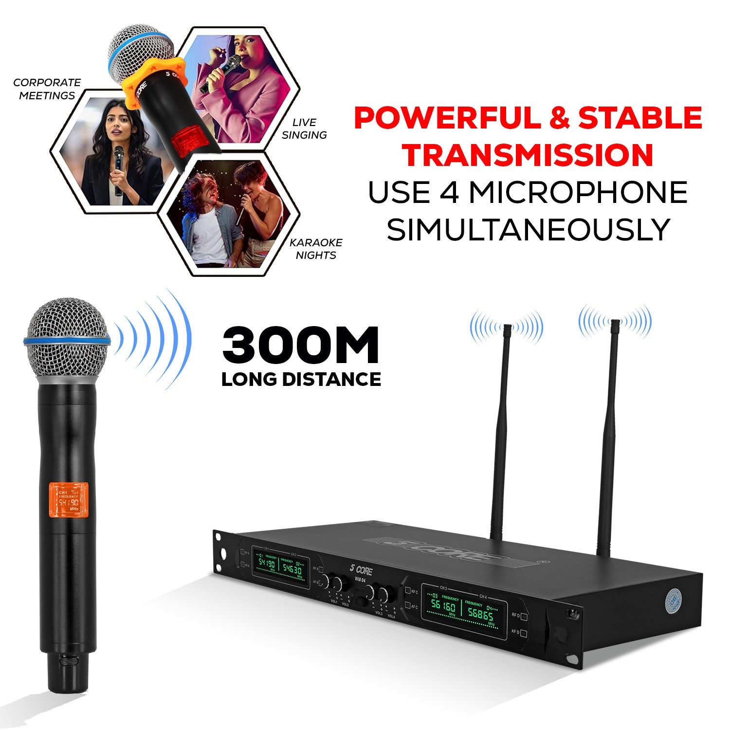 5 Core Wireless Microphone System 4 Channel UHF 492F Range Portable Receiver w Cordless Mic-3